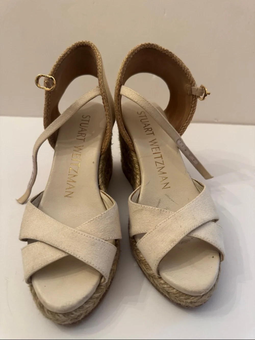 Stuart Weitzman Beige Canvas Espadrille Wedge Sandals Size 4B - Picture 1 of 10